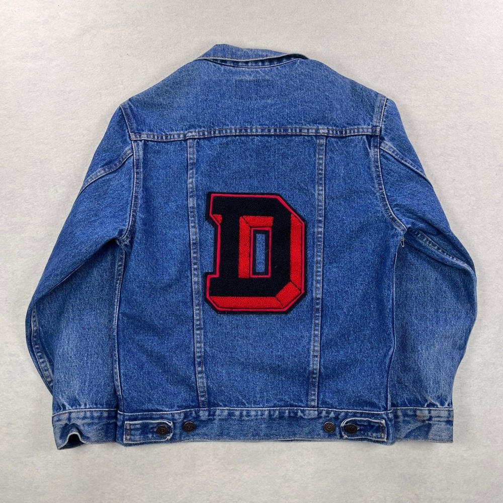 Vintage Gap Denim Trucker Jacket Mens Medium Wash Blue Letterman Patch D USA
